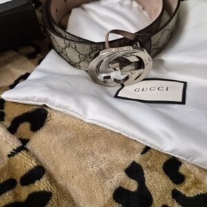 100 Percent Gucci Monogram Beige and Dark Brown Belt with Silver GG Buckle